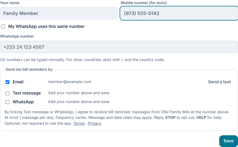 My settings before opting in: mobile number entered, Text message box unticked, consent wording shown below the boxes