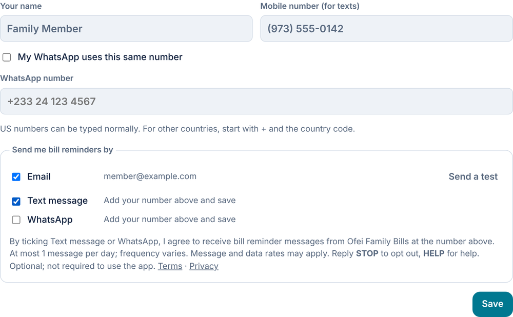 My settings with the Text message box ticked, consent wording below, and the Save button